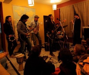 JJI Exile Brothers perform with Chinese musician Xiao Bin at a Common Grounds Project event in Dharamsala, October 2009.